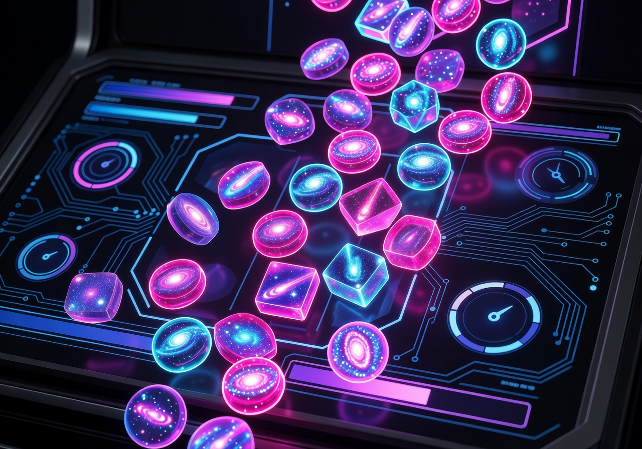 Glowing neon cosmic candy multipliers cascading on a cyber slot dashboard UI