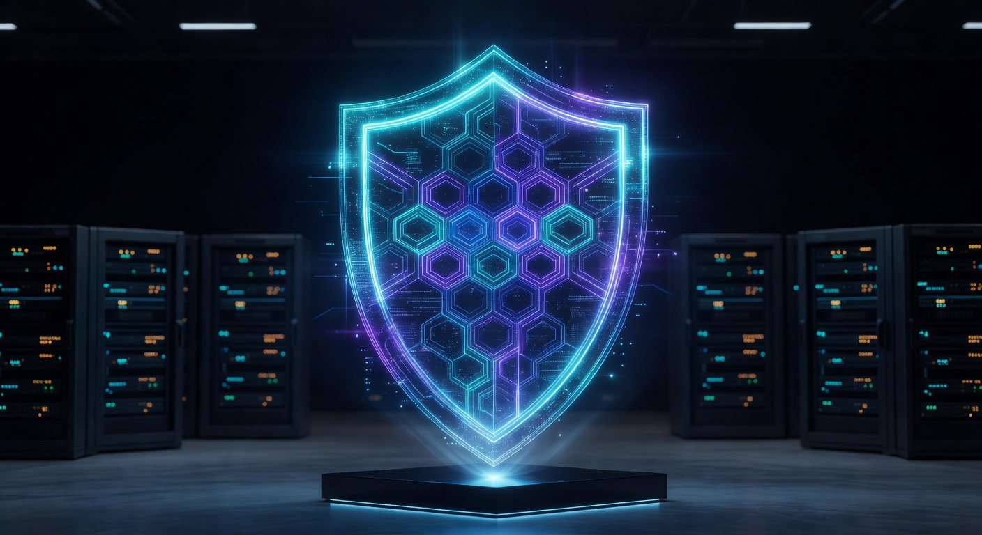 Glowing neon cyber shield hologram representing safe, secure, and responsible gaming environment